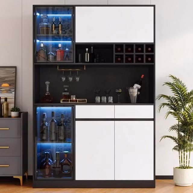 Armadio alto REDOM in MDF e vetro con ante in vetro, illuminazione LED e portabottiglie, Bianco e Nero, L: 120 cm, P: 35 cm, H: 180 cm