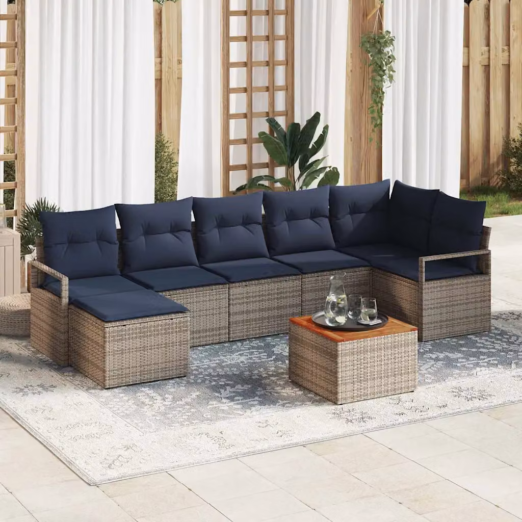 Set Divano da Giardino vidaXL 8 Pezzi a Forma di L con Tavolino e Ottoman, Polyrattan Grigio e Blu con Cuscini Inclusi