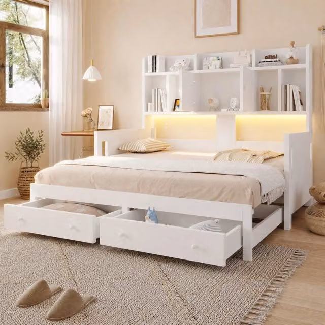Divano letto estraibile 90x190 cm bianco in legno con cassetti e LED