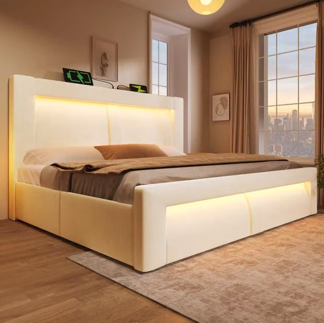Letto matrimoniale MODFU con contenitore e illuminazione LED, porte USB Tipo C, rivestimento in velluto beige, L/P: 180 x 200 cm