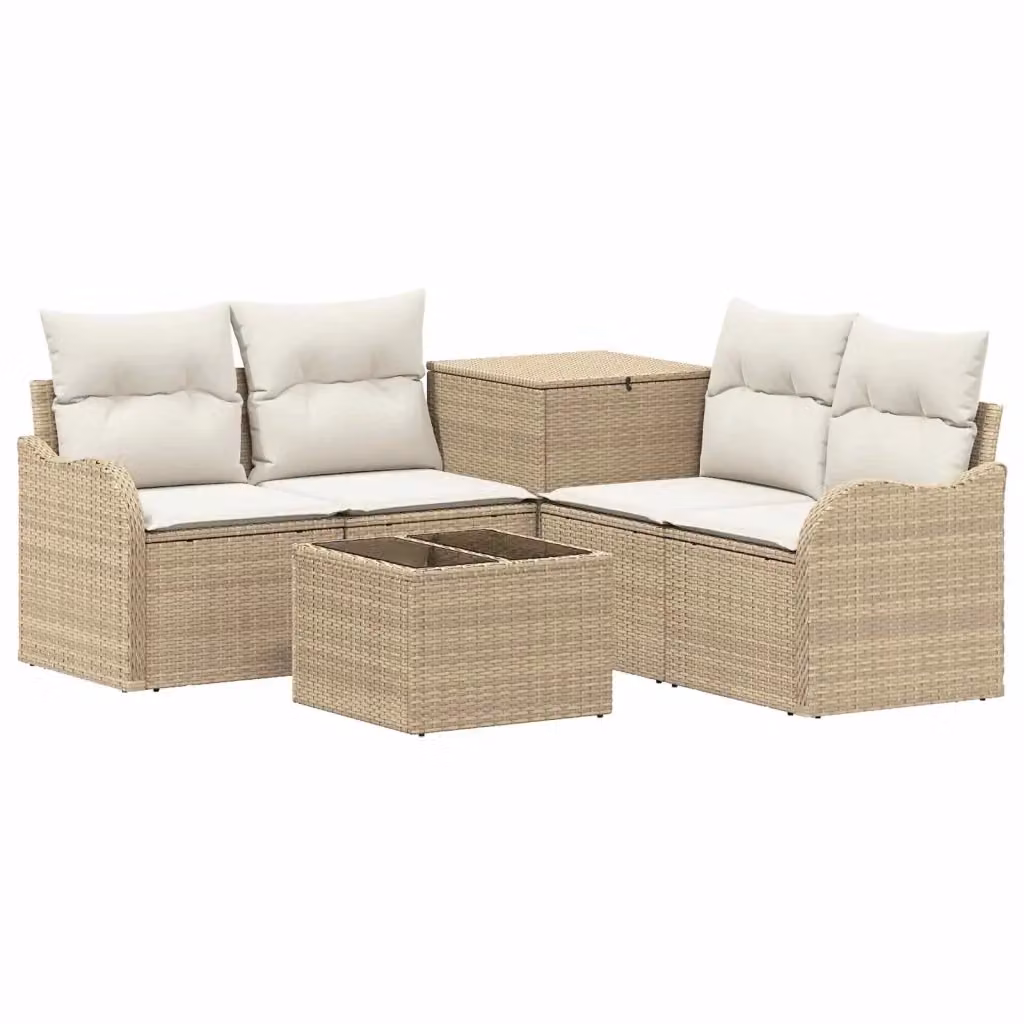 Set di divani da giardino a forma di L vidaXL con tavolino da caffè e pouf, 6 pezzi, Beige e Bianco – 2