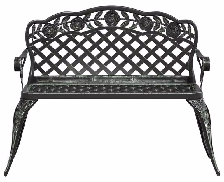 Panca da giardino in alluminio pressofuso - 108 cm - Verde - Resistente agli agenti atmosferici e durevole - Gambe in ghisa - Design romantico con frange - Panca da esterno