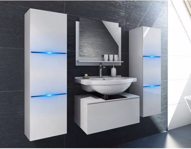 Set di mobili da bagno bianchi collezione OWL. 2 Colonne, mobile sottolavabo, specchio.
