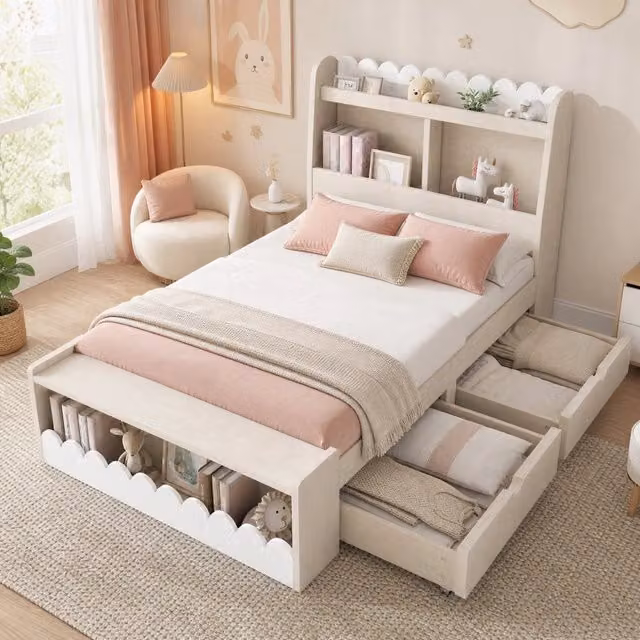 Letto singolo 90x190 cm con cassetti; ripiani e contenitore; in MDF e legno massiccio; bianco e rovere chiaro
