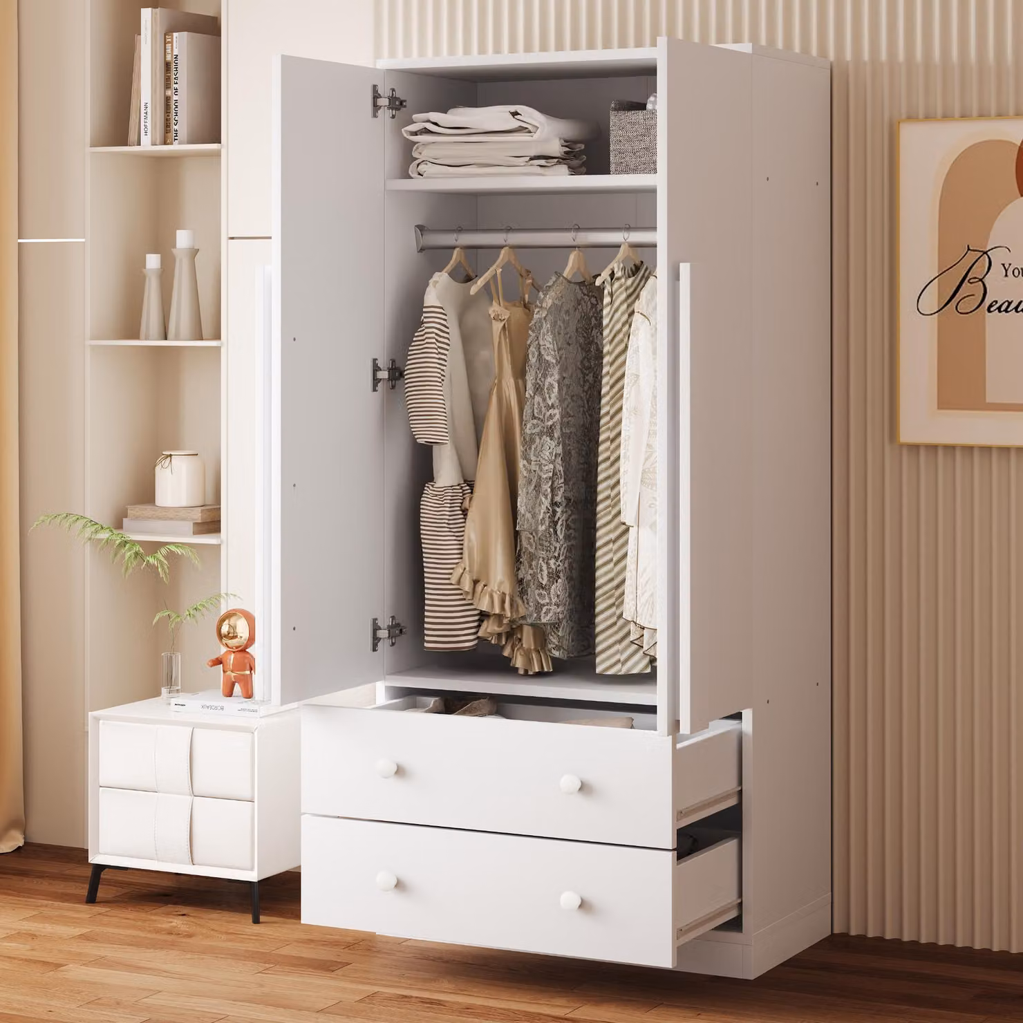 Flieks armadio guardaroba con 2 cassetti e 2 ante, armadio guardaroba con barra e vano portaoggetti, 70x40x170cm, bianco