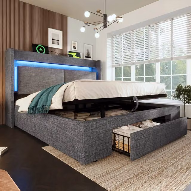 Letto contenitore Mivray con testiera con vani, illuminazione LED e porte USB/USB-C, struttura in metallo e lino grigio, L/P/H: 160 x 200 x 171 cm