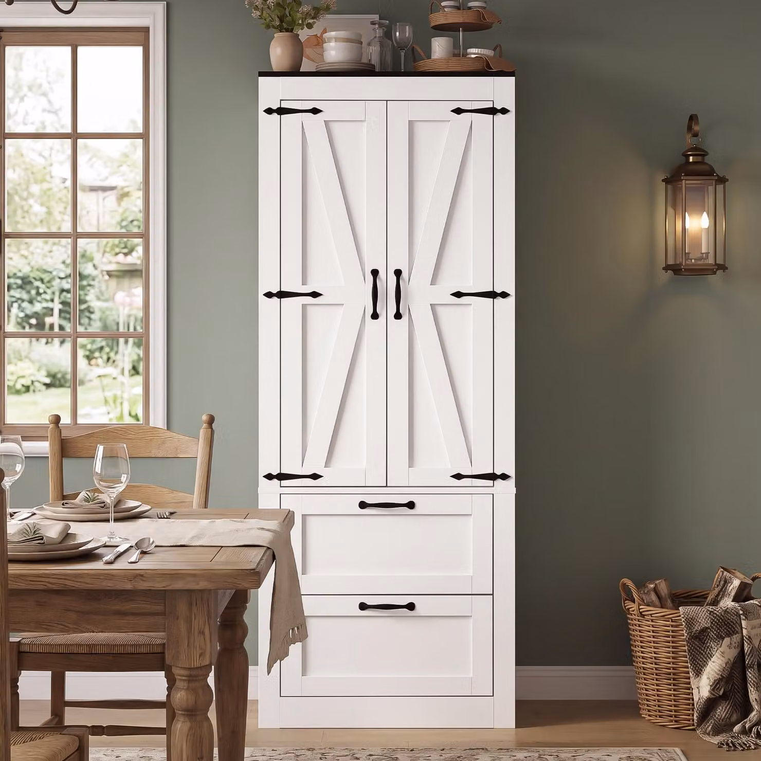 Mobiletto alto da cucina STILVORA con 2 ante e 2 cassetti, mobile da cucina con ripiani interni regolabili, dispensa in stile rustico, bianco