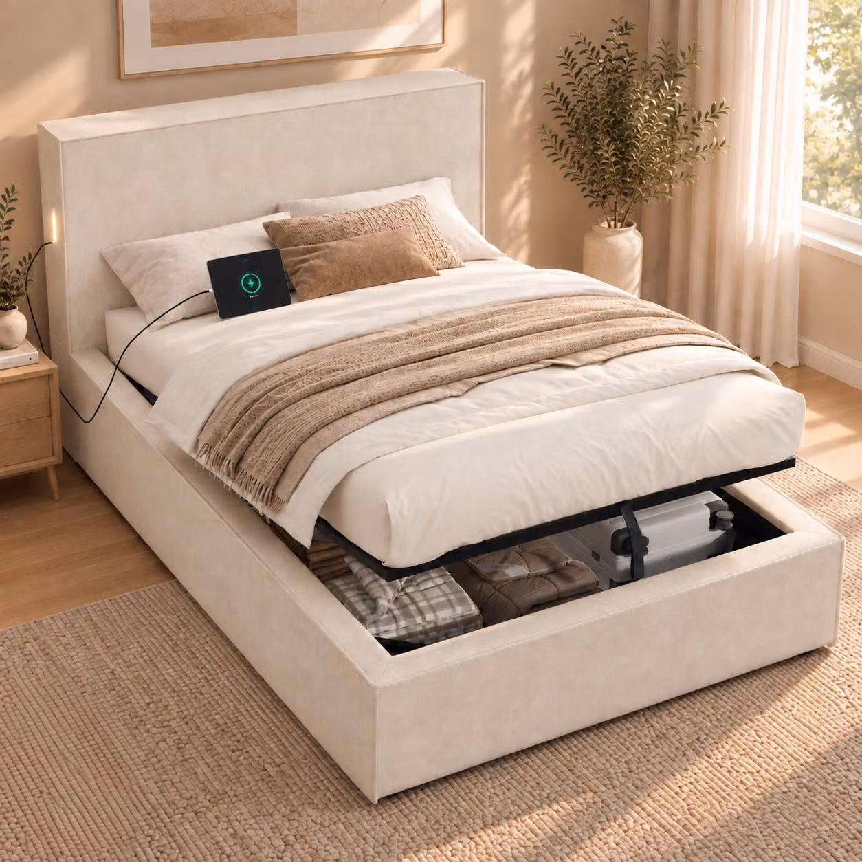 Letto imbottito 90 x 200 cm con spazio contenitore a sollevamento idraulico, rete a doghe e testiera imbottita, rivestito in tessuto tipo "chenille", capacità di carico fino a 300 kg, colore beige