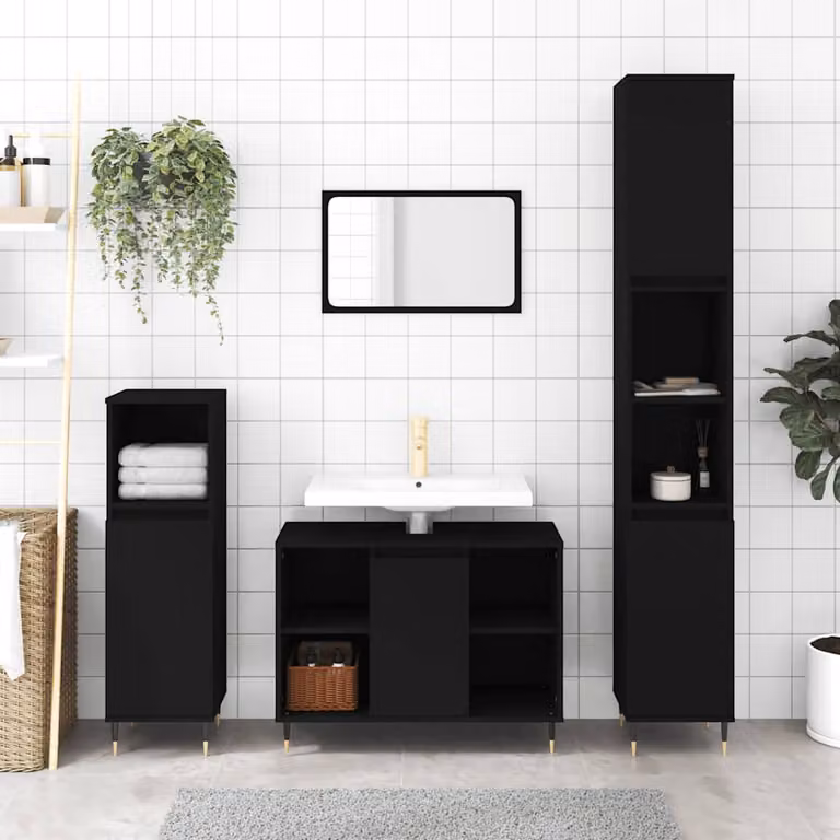 Mobile da bagno vidaXL in stile industriale nero con ante a cerniera e ripiani interni, L 80 x P 33 x H 60 cm