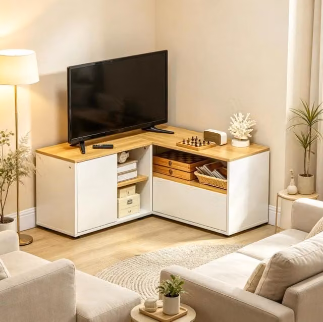 Mobile TV angolare 90x90 cm bianco e legno chiaro in truciolare, 5 vani