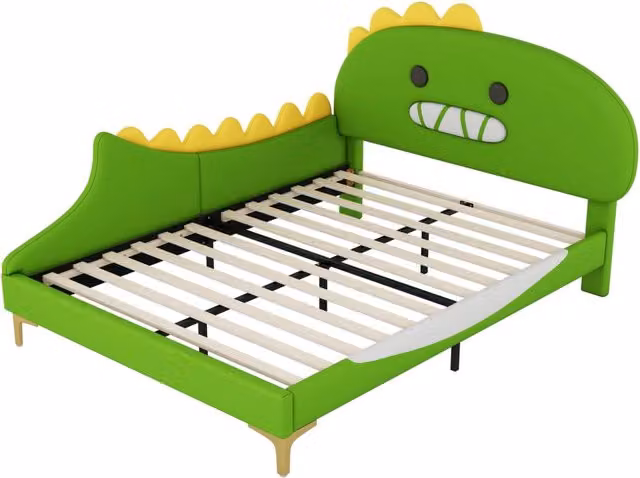 Letto per bambini 140x200 cm con design dinosauro, struttura in PU e MDF, colore verde