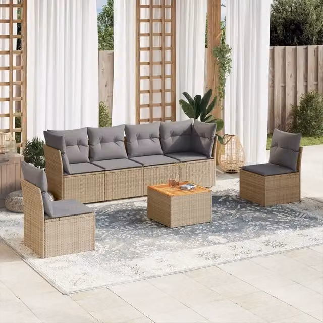 Set Divani da Giardino 7 pz con Cuscini Beige in Polyrattan 3223553