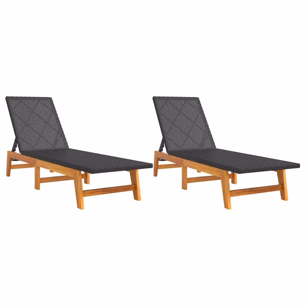 Set di 2 Sdraio vidaXL in Polyrattan e Legno di Acacia, Colore Nero e Marrone, con Poggiatesta Regolabile e Tessuto Textilene per Giardino e Terrazzo – 2