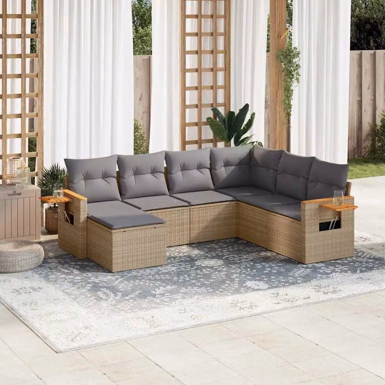 vidaXL Set Divani da Giardino 7 pz a Forma a L in Polyrattan con Cuscini Beige e Grigio
