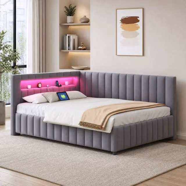 Divano letto imbottito a L 140x200 in velluto con LED e USB Grigio