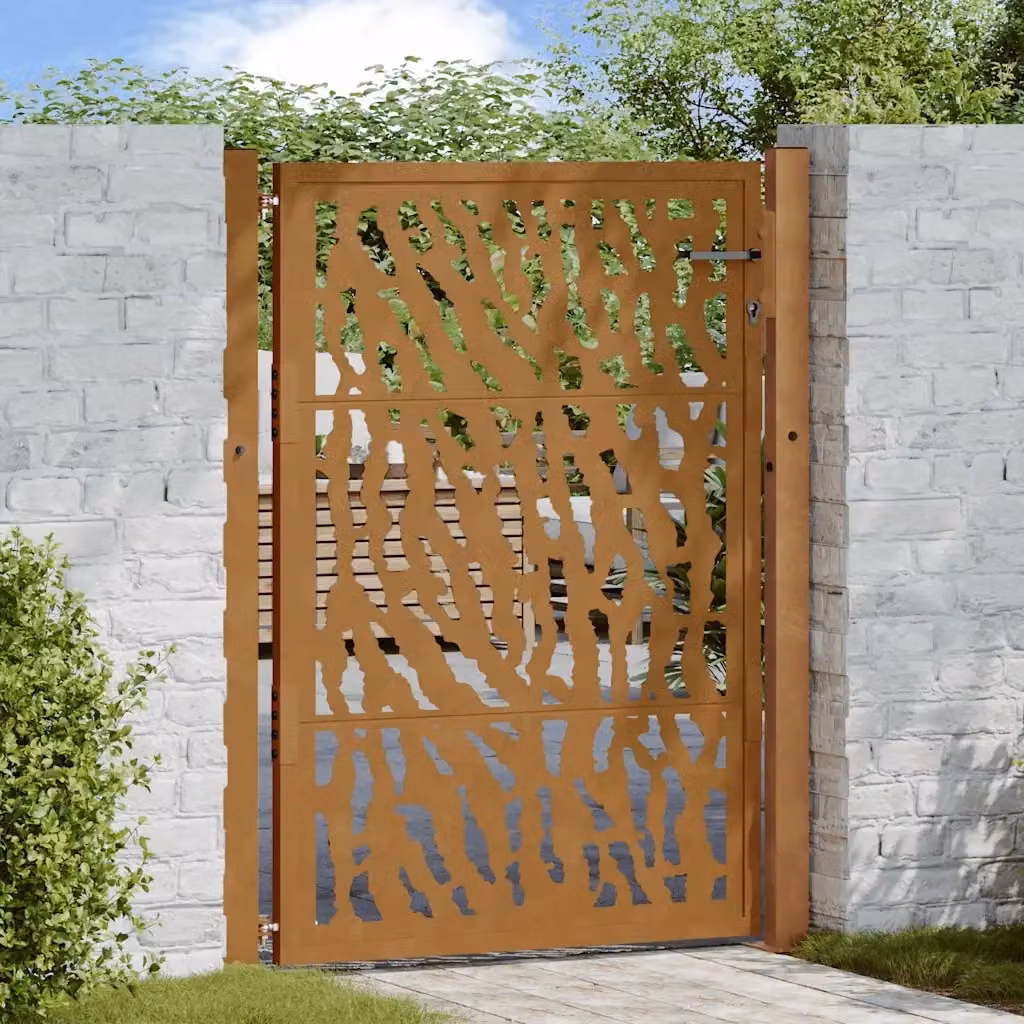 Cancello singolo da giardino in acciaio corten marrone con design a traccia CFW8324277 L: 110 cm, H: 130 cm – 2