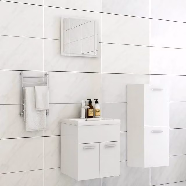 Set Mobili da Bagno Moderno vidaXL Bianco in Legno e Plastica con Mobile Lavabo, Armadietto Laterale e Specchiera a Parete