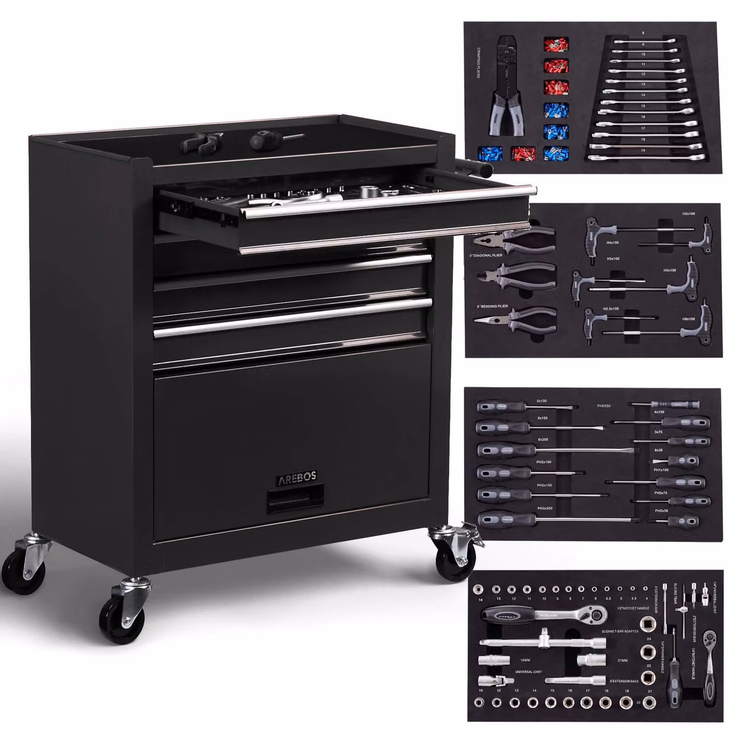 Carrello da officina AREBOS, 4 cassetti, 81 utensili, tappetini antiscivolo, nero