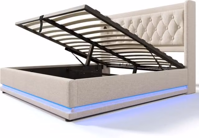 Letto Matrimoniale Beige 140x200 cm in Cotone con Contenitore Idraulico, Testiera Imbottita con Caricatore USB Tipo-C e Illuminazione LED 3 Lati (Con Materasso)