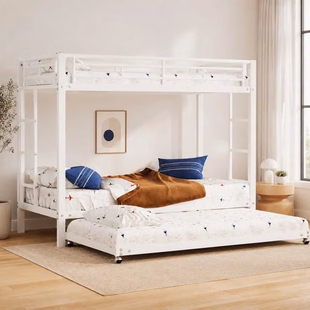 Letto a castello MIVRAY con letto estraibile e cassetti, struttura in metallo bianco, L/P/H: 200 x 90 x 160 cm