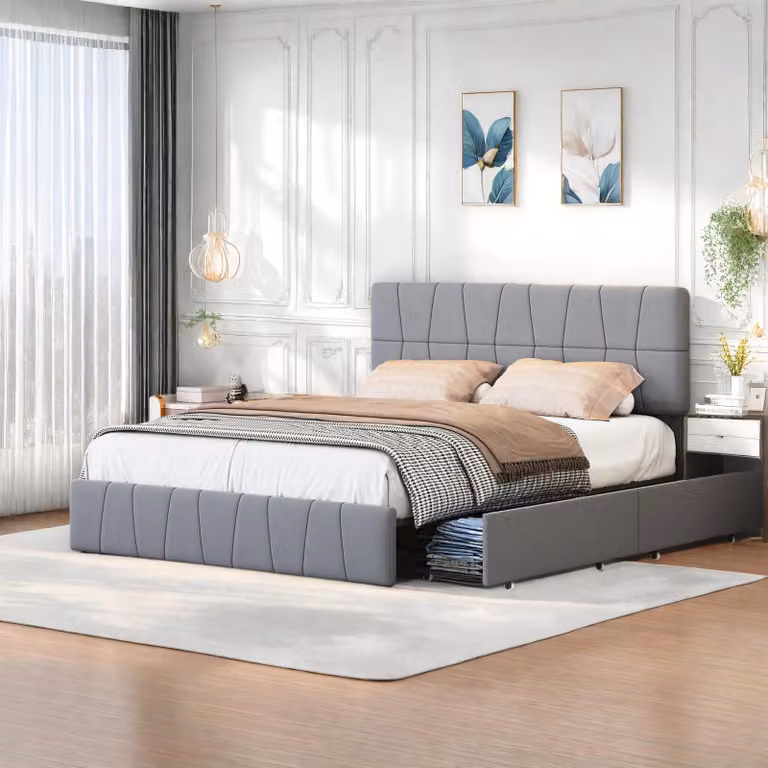 Letto imbottito Fortuna Lai 160x200cm con 4 cassetti e rete a doghe, letto contenitore letto funzionale letto matrimoniale in legno, velluto, grigio