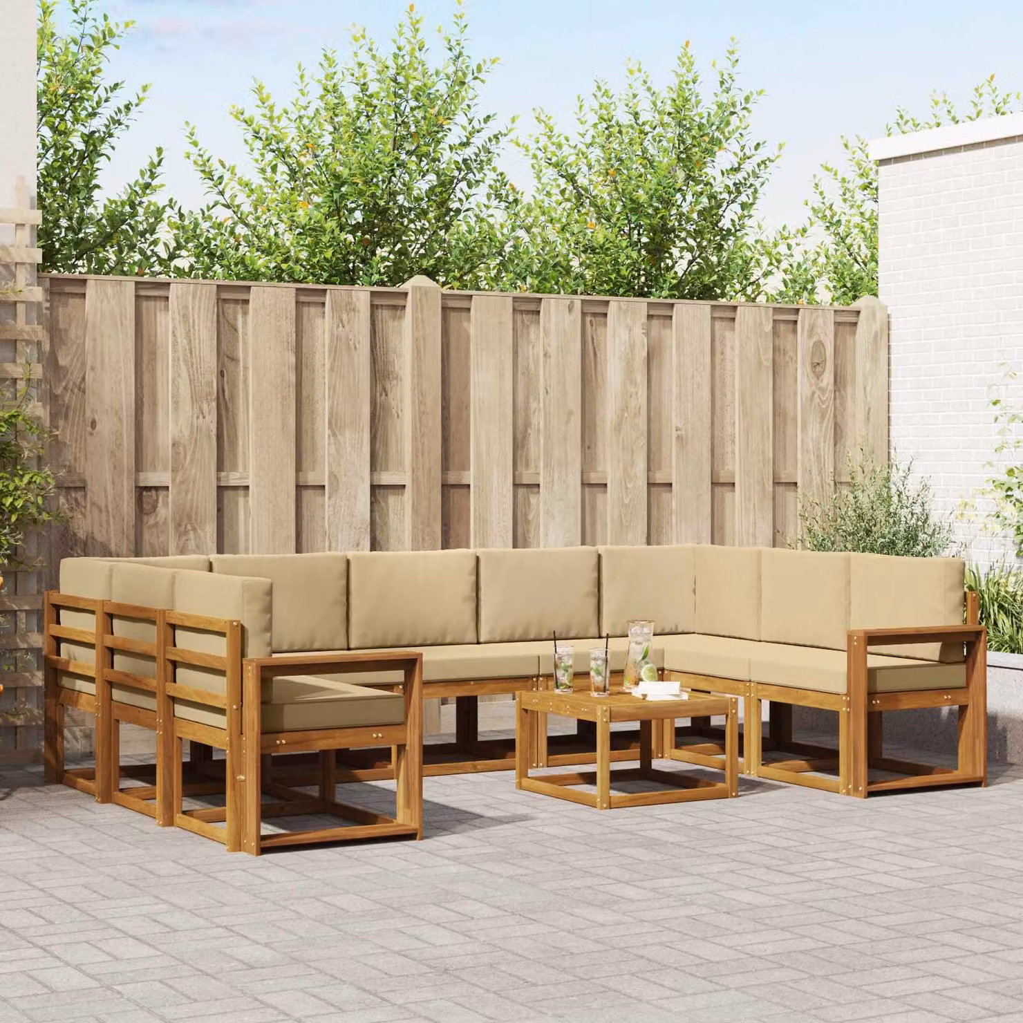 vidaXL Set di divani da esterno a forma di U in legno di acacia, 10 pezzi, Beige e Marrone