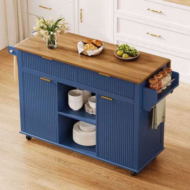 Mobile Cucina con Rotelle ¨C Minimal ¨C Blu Cloisonn¨¦, Legno, 2 Cassetti 2 Ante, 120x45 cm