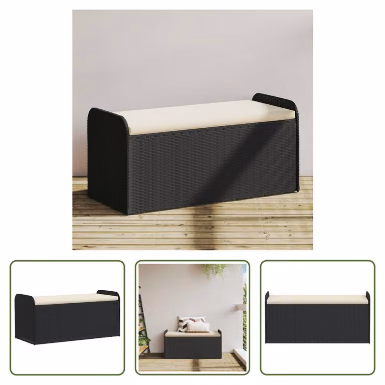 The Living Store Panca con contenitore e cuscini Nero 115x51x52 cm Poly Rattan