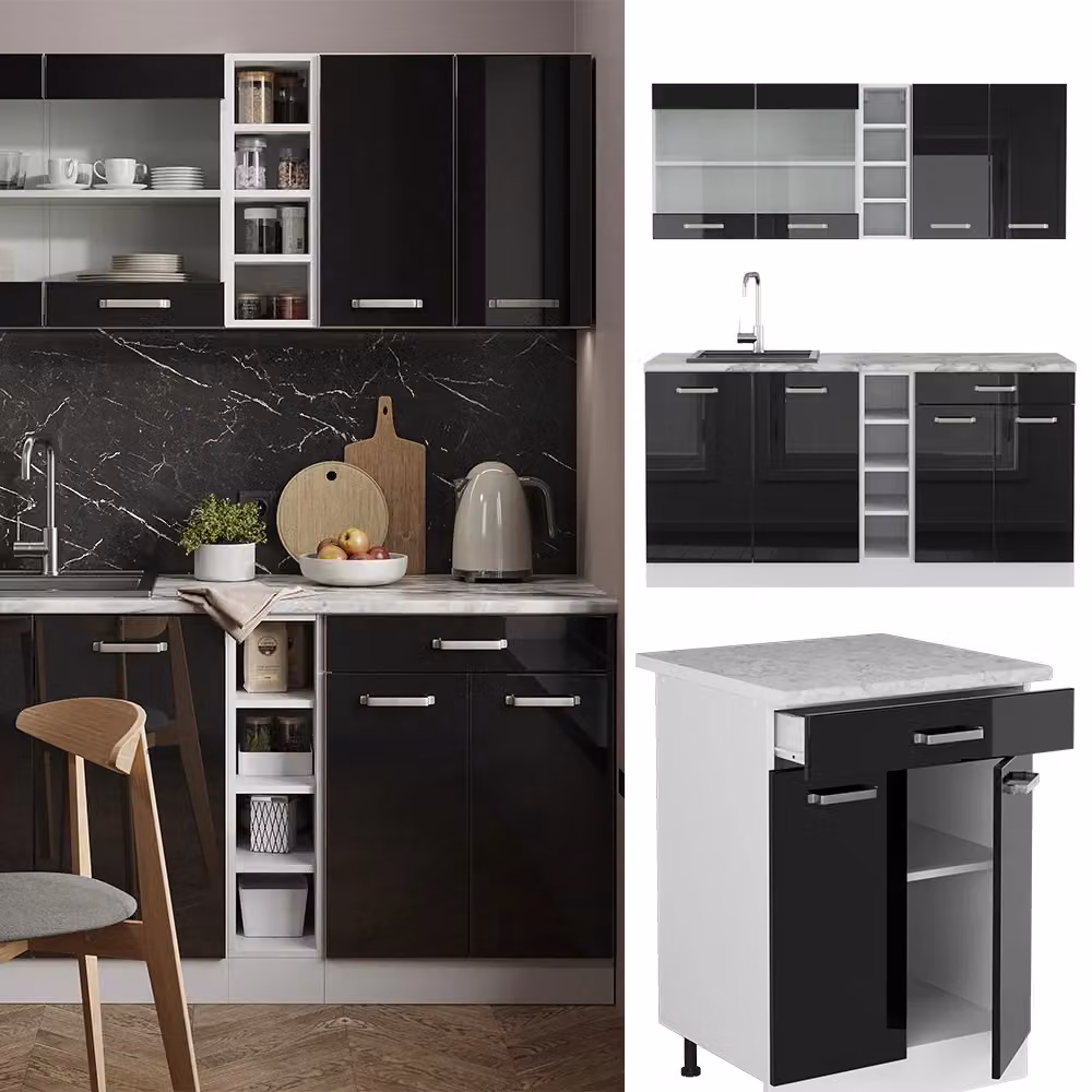 Cucina completa moderna Vicco R-Line L/P/H: 160 x 60 x 81,6 cm, Nero lucido e Bianco – 2