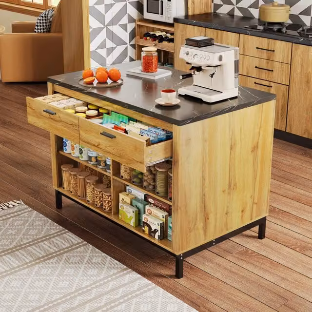 Isola da cucina stile country 120×75×90 cm con 2 cassetti, 4 ripiani aperti, top nero effetto marmo e struttura in metallo