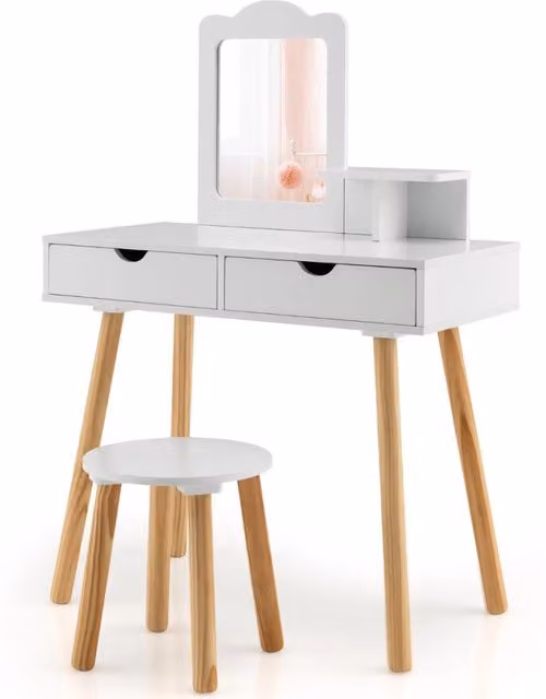 Postazione trucco per bambina 2 in 1-Toeletta e sgabello in legno con specchio rettangolare 2 cassetti Bianco