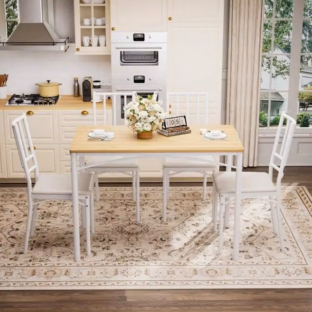 Set tavolo da pranzo ULEVR 110x60x76,5 cm con 4 sedie imbottite, stile industriale, naturale e bianco