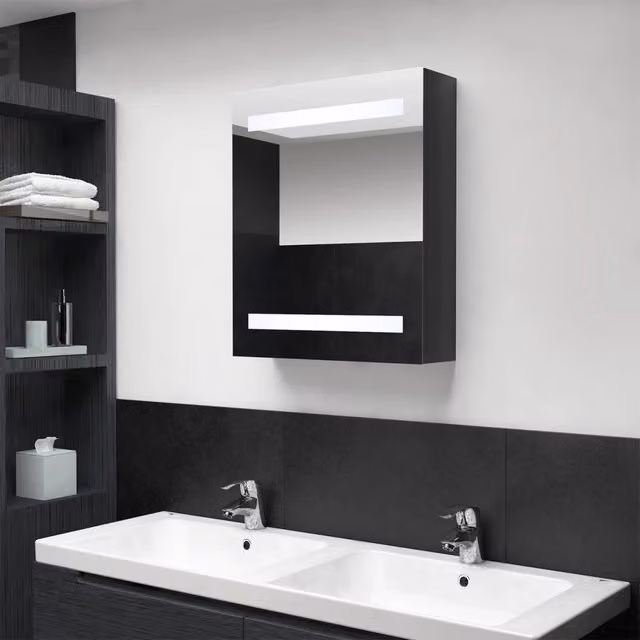 Armadietto da bagno Design Mania con specchio e illuminazione LED, Nero Lucido, L: 50 cm, P: 14 cm, H: 60 cm