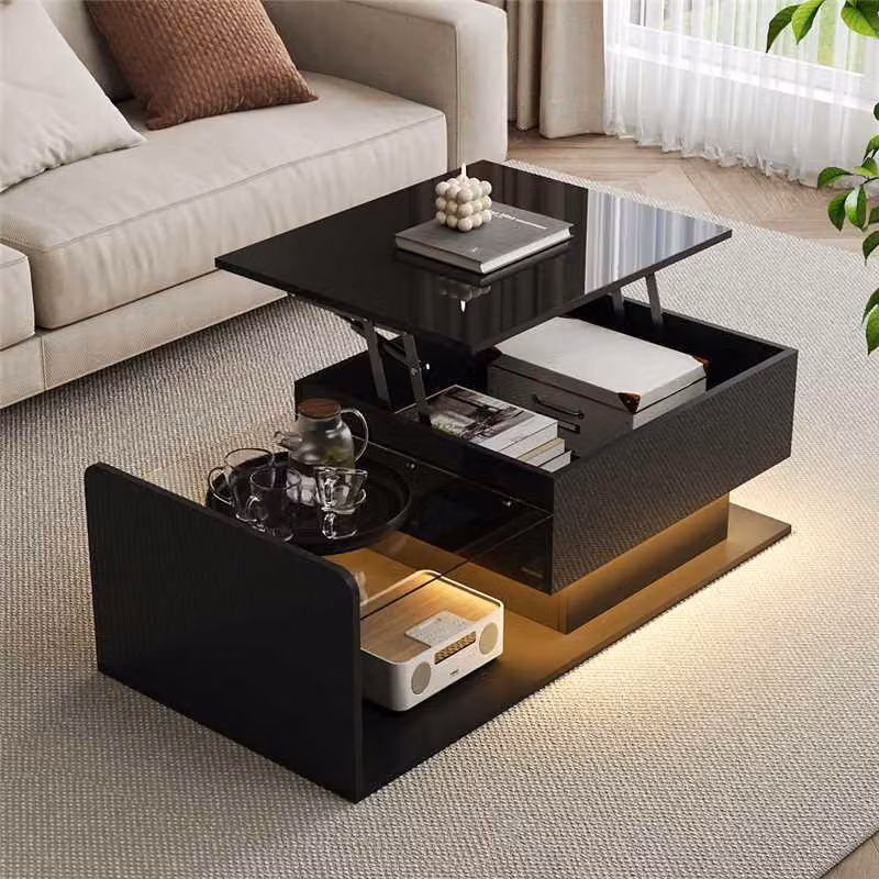 Tavolino Fortuna Lai, nero lucido, tavolino ausiliario, tavolino da caffè con vetro e effetto LED, dotato di piano in vetro