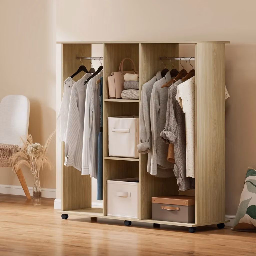 Armadio Guardaroba con Rotelle Giordanoshop in Legno e Metallo Color Marrone e Beige L: 120 cm, P: 40 cm, H: 128 cm – 2
