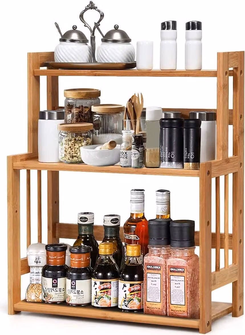 Scaffale portaspezie in bambù a 3 ripiani, scaffale da cucina naturale, portaspezie, versatile organizer per spezie, organizer da cucina, scaffale portaspezie per la cucina