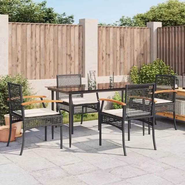 Set da Pranzo da Giardino 5 pz Nero con Cuscini in Polyrattan