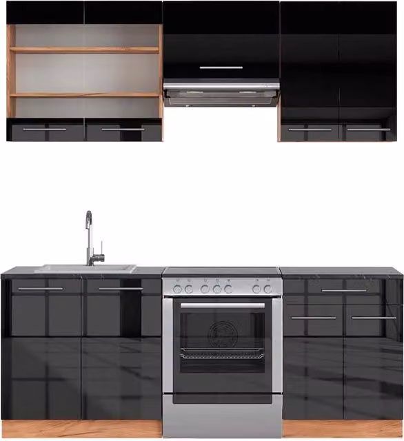 Cucina componibile moderna Vicco Fame-Line Antracite lucido e Rovere dorato L: 200 cm