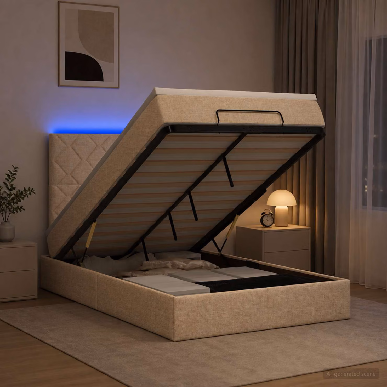 Letto Ottomano vidaXL con Materasso Ibrido e Illuminazione LED sotto il letto, Colore Beige e Bianco, L/P/H: 200 x 120 x 88 cm