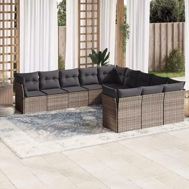 vidaXL Set Divani da Giardino 11 pz in Polyrattan Grigio con Cuscini Imbottiti e Rivestimenti Rimovibili