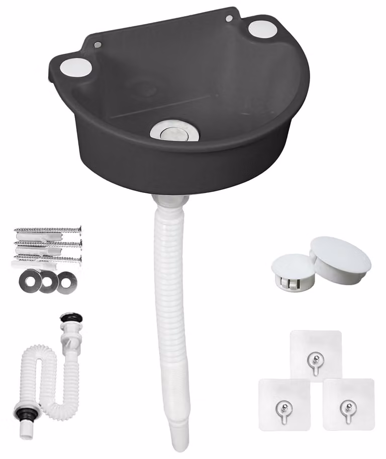 Lavabo, lavabo in plastica per l'igiene personale, con tubo e tappo di scarico, per uso esterno, colore nero