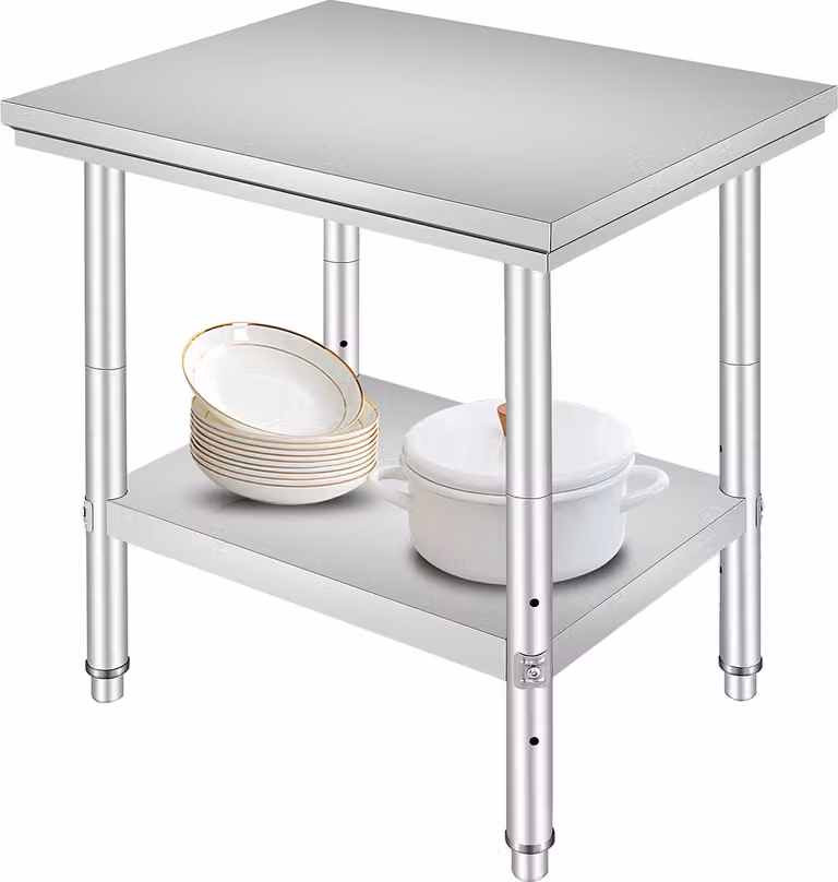 SucceBuy tavolo di preparazione in acciaio inox, 61 x 76,2 cm, portata 318 kg, robusto tavolo da lavoro in metallo, 3 altezze regolabili, postazione di lavoro commerciale, cucina, garage, ristorante, cortile