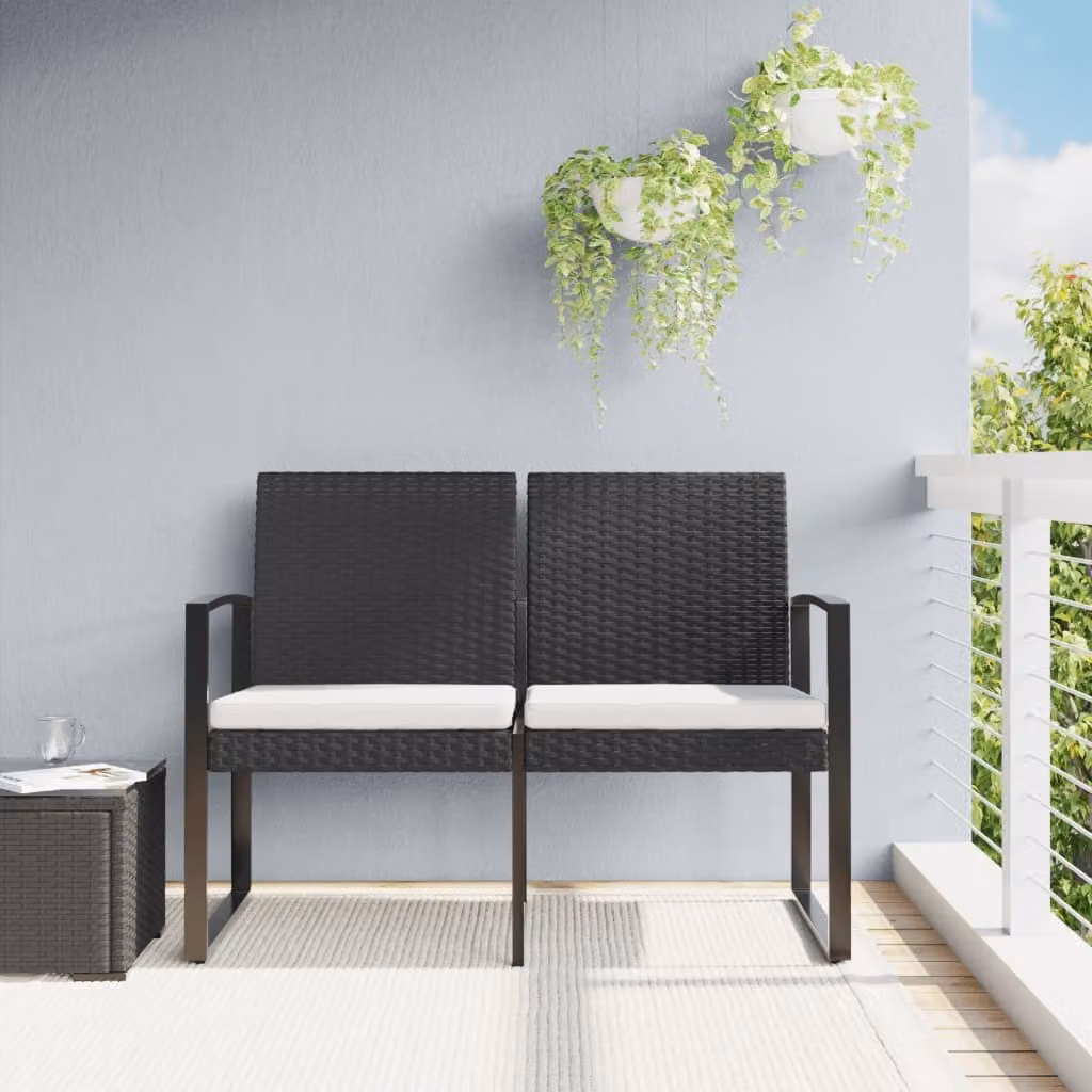 The Living Store Panca da giardino a 2 posti con cuscini in PP rattan nero