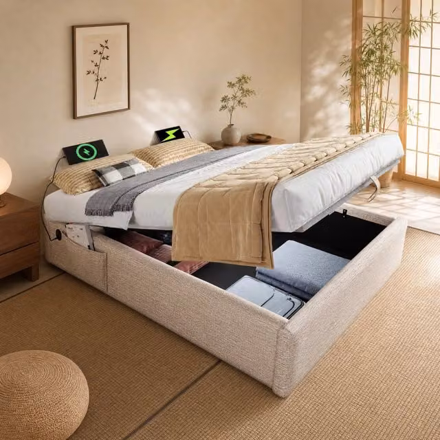 Letto contenitore 160x200 cm senza testiera in lino, USB e Type-C beige/naturale