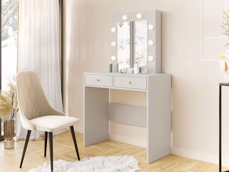 Tavolino da toilette con specchio IDALOU - cashmere + illuminazione a LED GRATIS