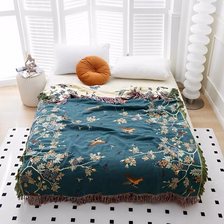 Coperta in pile, dimensioni 150x200 cm, 100% Cotonelogico, design bohémien, colore blu intenso