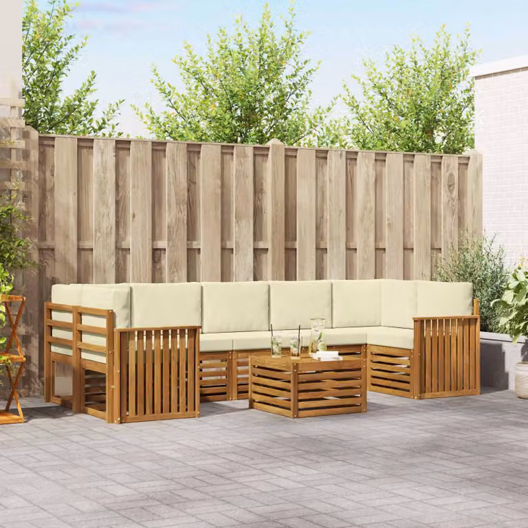 Set di divani da esterno vidaXL a forma di L in legno di acacia con tavolo da caffè e cuscini, 8 pezzi, Beige e Bianco