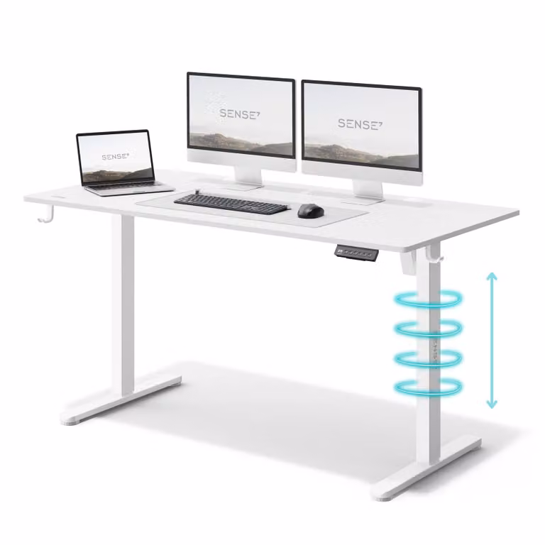 SENSE7 Nojo Scrivania regolabile in altezza 140x70 cm Elettrica Bianca Tavolo da gaming Tavolo da computer Scrivania in piedi Funzione memoria Gestione cavi Ufficio