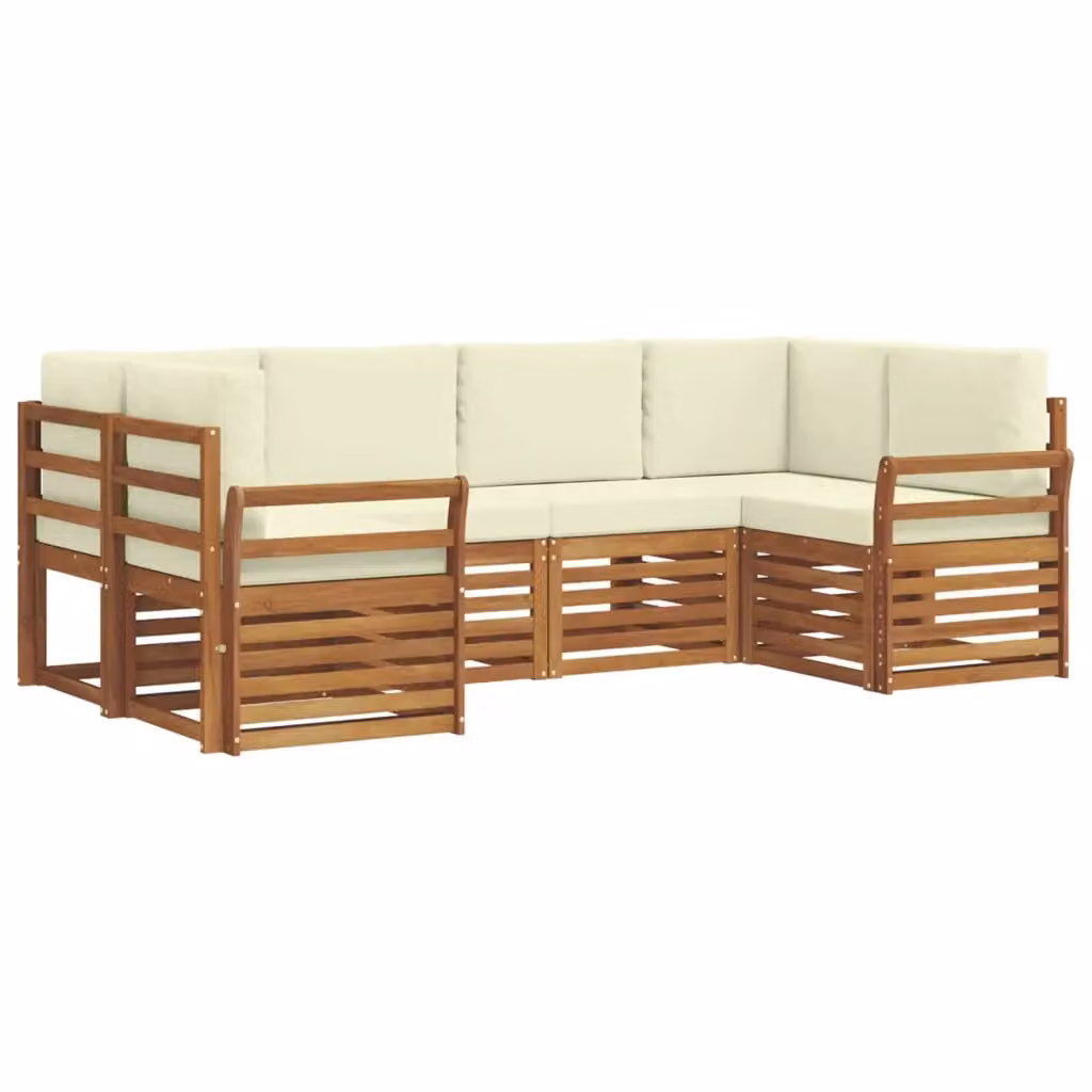 Set di divani da esterno a L vidaXL in legno di acacia con cuscini beige e bianchi – 2