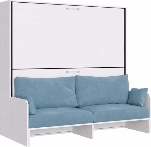 Letto Doppio A Scomparsa Kando Con Divano Bianco Frassino e Azzurro